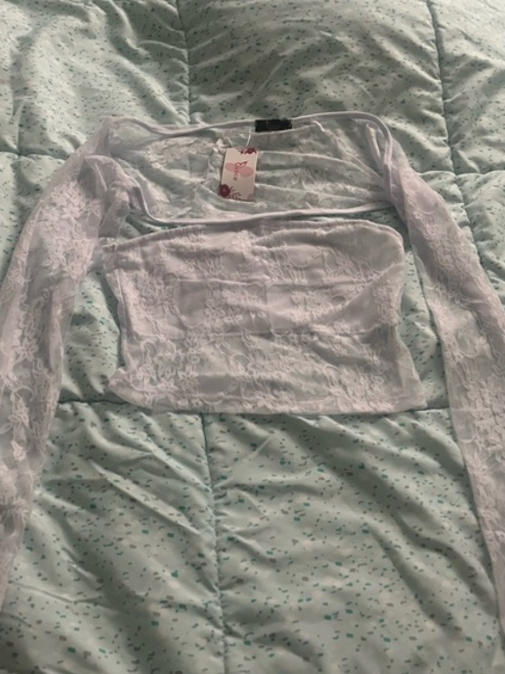 Sheer Lace Long-Sleeve Crop Top - White With Overlay 2-Piece Brand New